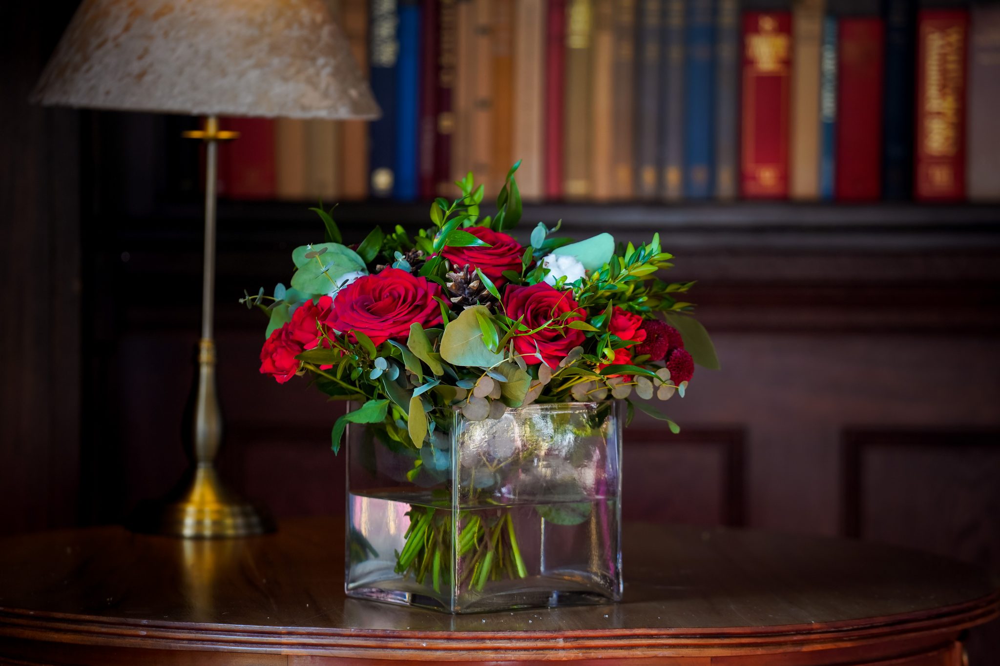 Cube Vase with seasonal flowers (Red) Inspired Hire